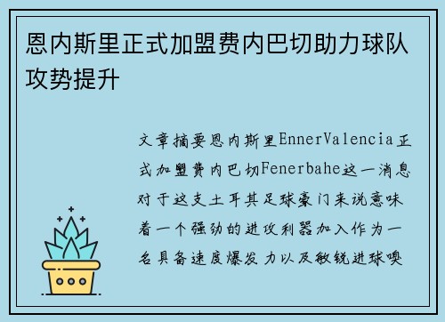 恩内斯里正式加盟费内巴切助力球队攻势提升